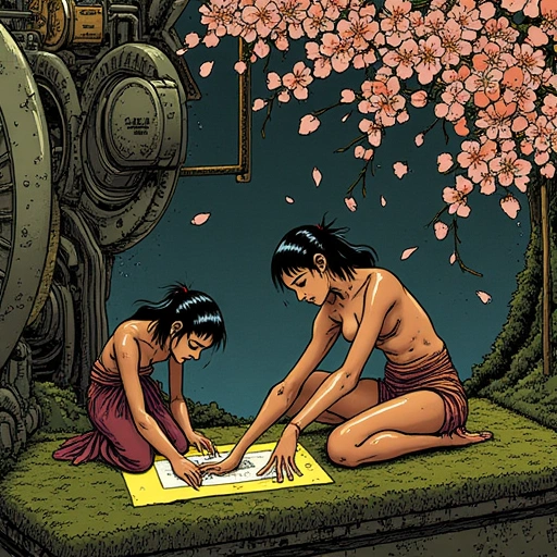 Scene: Mei teaching Xiao Rong Xuè Mò calligraphy in transformed bone mill. They kneel on moss, forearms bared. Mei guides Xiao's hand as bone needle traces bioluminescent verse onto skin. Cherry blossoms rain from machinery canopy. Daughter's ghostfire weaves through petals. Style: Cyber-pastoral serenity; hyper-detail on ink-blood fusion and petal trajectories. Palette: Dawn golds, petal pinks, mycelium blues.