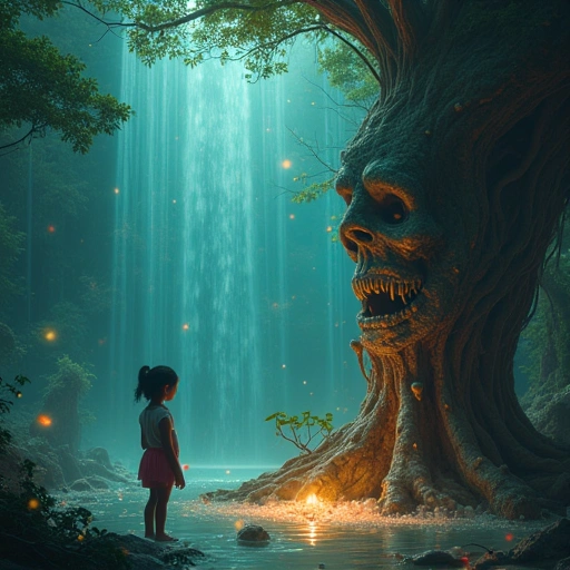 A child listens to a stone-tree man’s petrified ribs as luminous roots pulse beneath them. Above, a pre-teen girl scatters glowing crystals into an upside-down fountain where refugees bathe. Visions hover above the water: a neon sampan, circuit-board fields, a dancing woman. Deep below, a corrupted fungal mass throbs with angry light.