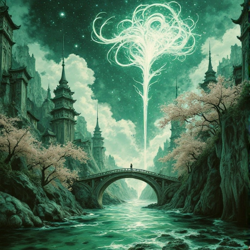 Shanghai transformed into a living ink painting: Jade rivers reflect fractal pagodas where children skate. Ru's shattered porcelain has become cherry trees raining crystallized memories. Mei's dissolved form lingers as golden Guqin strings vibrating between buildings. Xiao Xing's mist coalesces into a prismatic bridge connecting earth to a nebula shaped like Old Li's brush. Style: Dreamlike ink-wash meets quantum pointillism.