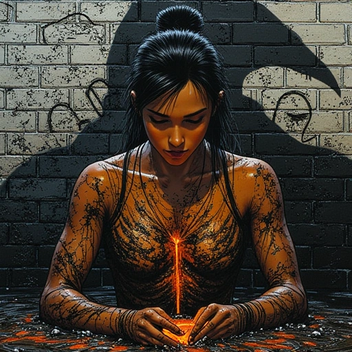 Yun's hands buried in blackened prism-smog. Amber light pulses through her fingertips as the mixture solidifies. Behind her, Lun's shadow morphs into a Fog-Raven silhouette. The brick surface swirls with Yun's brother's face and liquid hieroglyphs.