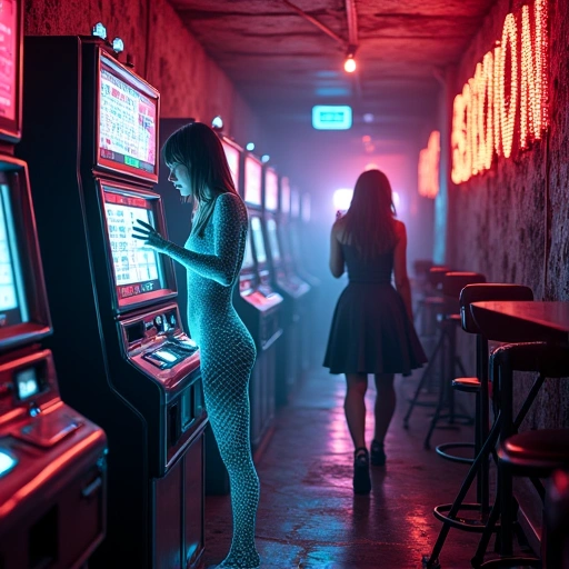 A neon-drenched casino basement where bioluminescent fungi crawl up slot machines. A woman with glowing tattoos merges with a pulsating red node, her body half-digested into cable-like tendrils. A ghostly double of her wails, its tears dissolving into binary code. Above, on a decaying rooftop, another woman sings into a storm, her voice creating ripples in the air that push back against encroaching fractal lightning.