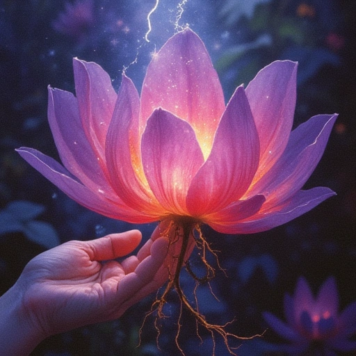 Lan’s hands grafting Batu’s storm-tapestry threads onto the uncut Yīnguǒ root. Thorne and Lín dissolve into light, flowing into the bloom. The Yuánjiǎn-huā petals unfold—one side nebula-purple (Lín’s purity), one side corporate-crimson (Thorne’s compromise).