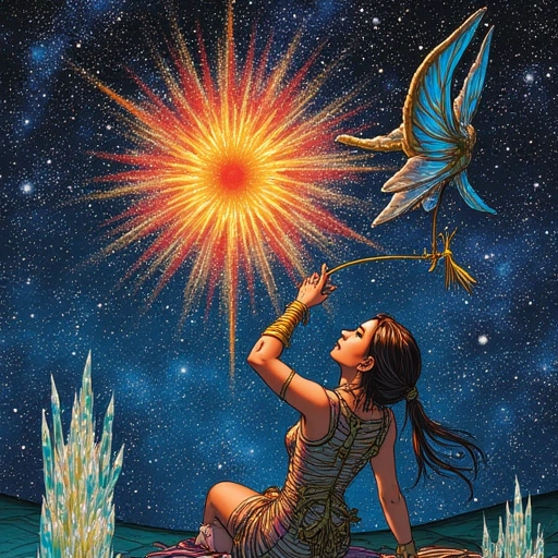 Lan’s needle threading starlight through Batu’s tapestry. The dying star transforms into a Yīnguǒ fruit blazing with nebula hues. Lín Ying watches, her crystalline arm blooming with Fènghuáng-suì feathers.
