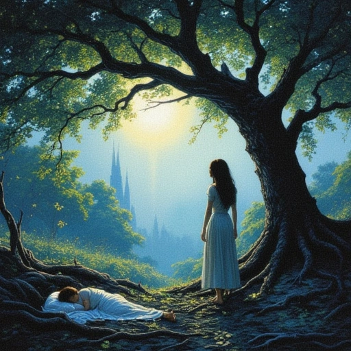 Twilight in the orchard. Anya stands beneath the Light-Seed Tree, her hand on its trunk. Skin shows no veins, but root-patterns glow softly beneath her feet. Yin sleeps nearby, tear-vial empty beside her. Tao’s crystal arm glows like a beacon in a distant city’s core. Mood: Completion as quiet as falling leaves.