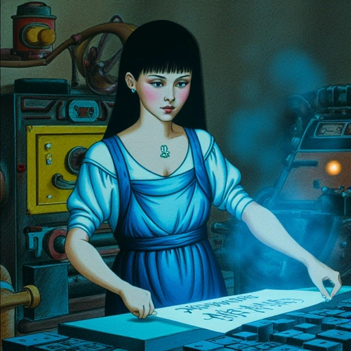A young woman in ink-stained work overalls stands before a roaring steam-powered printer. Cobalt light bleeds from stacked metal type. Ghostly figures (Jìng Yǐng) shimmer into existence as she pulls a silk sheet imprinted with glowing, shifting calligraphy. Jade rabbit pendant glints at her throat.