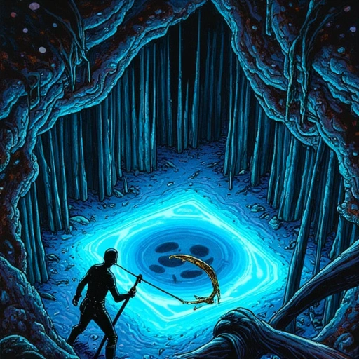 A cavern illuminated by bioluminescent fungi growing on crystalline structures. At its center floats a Mòshuǐ-zhōu—a swirling island of liquid obsidian ink suspended mid-air, pulsing with trapped light. Ming stands knee-deep in glowing water, reaching toward it with a rusted harvesting hook.