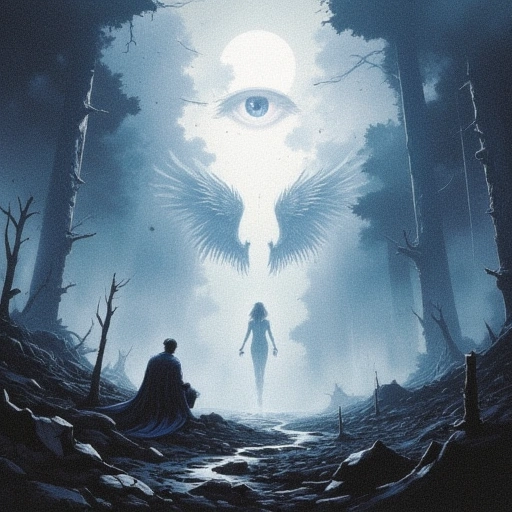 Jian kneeling in a decimated data-forest, his crystalline wings forming a bridge to Yun’s outstretched smog-hand in the physical world. Between them, Mei’s half-digital form shimmers, tear-streams rerouting into rebel code. Above, the Prism-God’s eye opens in the smog—a storm of judgment.