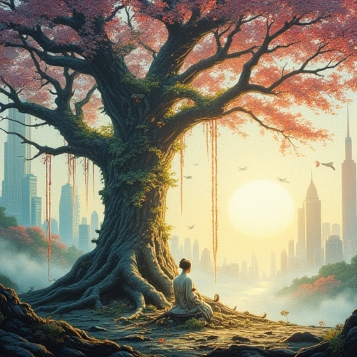 **Scene:** Fen’s Shù xīn tree at dawn, roots deep in Shanghai’s reclaimed soil.  
**Details:**  
- **Tree:** Fusion of ivory bone, glowing quantum threads, and Lèi-jīng crystal leaves.  
- **Fen’s Statue:** Seated at the base, hands eternally weaving. Chen’s kite tied to her wrist.  
- **Surroundings:** Coral-metal forests, floating Jìngzhàng tapestries, and rebirthed skyscrapers draped in Wùjìng vines.  
- **Atmosphere:** Golden mist, cherry blossoms drifting from branches. Ghost-Laborers tending glowing flora.  
- **Palette:** Soft golds, bioluminescent blues, and the deep indigo of Fen’s petrified qipaja.