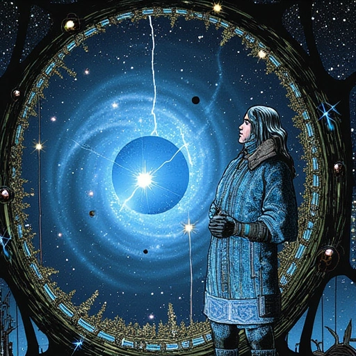 Scene: Cosmic Void-Loom in Distress
Context: Fractured spacetime with newborn universes flickering like soap bubbles. Loom structure: obsidian arches strung with galactic filaments.
Characters:
- Ling: Now silver-haired, wearing a pressure suit woven from Yellowstone's volcanic silk and Europa's ice-memory.
- Void-Weaver Entities: Formless beings of pure potential, manifesting as shifting constellations.
- Fen's Echo: A sentient nebula with Shanghai's skyline imprinted in stardust.
Details:
- Crisis: Loom threads snapping, leaking raw chaos (visible as black lightning)
- Cause: Overload from mending too many supernovas
- Solution: Must teach newborn universes to self-weave
- Tools: Ling's Xīnghuī seed-pod, pulsing with terraformed memories
Atmosphere: Desperate awe. Silence so profound it hums.