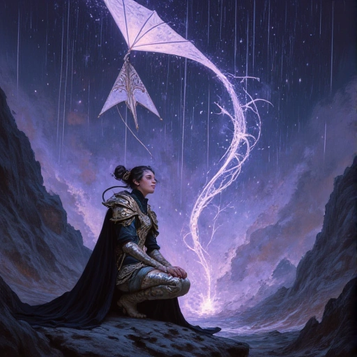 **Scene:** Sector G rift at peak Liànghuàn surge. Bioluminescent rain falls upward. Wùjìng’s data-tendrils thrash like dying serpents.  
**Xiao Fen:** Center-frame, kneeling with Lèi-jīng plunged into cracked earth. Arm bleeding from Thrall-Chen’s strike. Tears crystallize as they fall.  
**The Three Chens:**  
- **Thrall-Chen**: Half-machine, cables whipping. Eyes pure data-green.  
- **Child-Chen**: Translucent, kite clutched to chest. Feet not touching ground.  
- **Scholar-Chen**: Fading, book disintegrating into Yīnyuánshǐ dust.  
**Old Wei:** Back-left, smashing a drone with a pipe. Goggles cracked.  
**Details:**  
- Lèi-jīng’s shockwave: Visible as gold threads stitching ghosts together.  
- Kite String: A physical thread of light coiling from Child-Chen toward Fen.  
- Palette: Rift—neon violets and decaying gold. Fen’s qipaja—stark indigo.