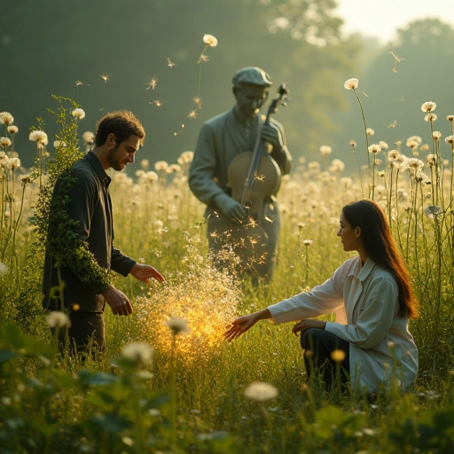 A overgrown meadow with crystalline flower-pods glowing softly. A man with a vine-entwined arm harvests them as iridescent dandelions drift in the air. A translucent woman in a lab coat kneels, touching the earth where luminous vines erupt. In the background, a stone statue of a cellist begins to crack, releasing musical notes visible as golden ripples.