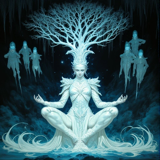 Xiao Xing kneeling in a meditative pose, their body half-flesh/half-prismatic mist, hands weaving Ménglóngmø into stability sigils. Ru stands petrified as a porcelain tree in Xīǎo Village, children’s ghosts tending his Chànghuā blossoms. Mei floats mid-air in the Ghost-Forest, Yǐnghuǒ circuitry ablaze as birch servers weep harmony-ink. Style: Ethereal ink-realism with fractured light and gravity-defying composition.