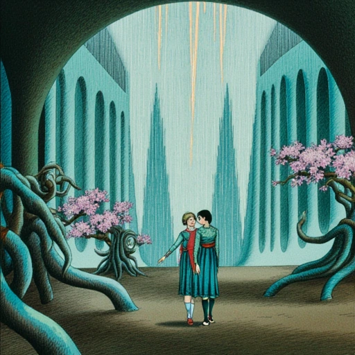 Scene: Bone mill transformed. Grinding wheels frozen mid-rotation, blooming with cherry blossoms. Ghostfire streams flow upward into Shānchuān Nǎo's roots. Xiao Rong stands half-swallowed by peat, robes flowering. Mei gazes upward, Xuè Mò tattoo softly pulsing. Rain falls upward through ceiling cracks. Style: Cyber-gothic transcendence; hyper-detail on petal veins and ghostfire trajectories. Palette: Jade greens, spectral blues, petal pinks, deep soil browns.
