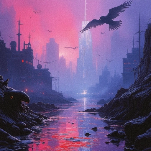 A fractured canal at twilight, glowing with prismatic light. Mutated Weepers crouch along the banks, their tear-streaked faces reflecting data-ghosts. Above, Fog-Ravens made of iridescent mist dive toward a collapsing Shadow-City's holographic skyline. One raven's wings scatter pixelated memories like falling stars.