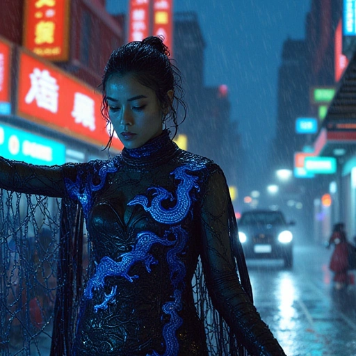 A rain-slicked Shanghai street at midnight. Neon signs bleed light like watercolor. A woman in a quilted data-cape stands with arm outstretched, cobalt dragon tattoo glowing fiercely. Above her, half the street is normal; the other half unravels into fractal geometry and floating joss paper coins. One tangible mechanical crane pecks at a glitching holographic rat.