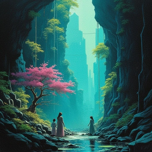 Epilogue: Mei descending into bioluminescent Mò Kū tunnel, daughter’s ghostfire hand-in-hand. Xuè Mò tattoo projects sonnet onto fungal walls. Above ground, Xiao Rong tends cherry tree growing from Jiang’s remains. Chongqing’s skyline now a symphony of vertical forests and river-serpents. Style: Serene cyber-gothic; light as living texture. Palette: Tunnel indigo, root gold, petal pink, eternal jade.