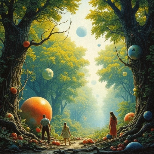 Scene: Mature Void Orchard
Context: Loom threads now form tree-like structures. "Fruits" are self-weaving universes at various growth stages.
Characters:
- Void-Weavers: Manifesting as gardeners, pruning timelines.
- Chen's Echo: A Yellowstone-rooted comet visiting ripe universes.
- Newborn Civilizations: Peering from their universe-fruits.
Details:
- Ripe Universe: Pulses with terraformed light, showing internal weaving
- Young Universe: Still transparent, revealing spinning nebulas within
- Tools: Pruning shears made of Liànghuàn fractures
- Fen's Presence: Starloom patterns visible in every thread
Atmosphere: Bountiful serenity. Hum of creative energy.
