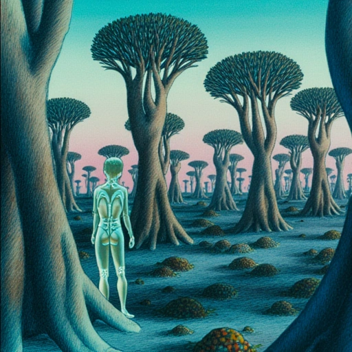 Scene: Xīnghuī memory-orchard at dawn
Context: Terraformed Shanghai skyline - half coral-spires, half regrown art deco towers. Wùjìng's tendrils now form protective canopy.
Characters:
- Chen: Early 20s, circuitry scars glowing along his arms. Simple hemp robes.
- Memory-Gardener Ghosts: Translucent, pruning with tools made of light.
- Child (Ling): 8 years old, chasing Húdié Mèng butterflies.
Details:
- Trees: Bark shows shifting memories like living scrapbooks
- Fruits: Yīnyuánshǐ crystals containing "healed" timelines
- Ground: Xīnghuī ash sparkling where footsteps fall
- Sky: Fen's starloom weaving visible as aurora patterns
Atmosphere: Quiet renaissance. Scent of ozone and jasmine.