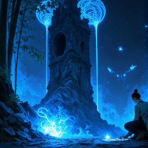 A crumbling Jīngāng tower in Shanghai, overgrown with bioluminescent bamboo. Hùnliú currents streak the sky like liquid amethyst. Below, Old Li paints a sigil on cracked pavement as Mei’s drones hover like fireflies. His wife’s spectral rose glows beside him. Style: Cyberpunk ink-wash painting; neon blues and deep umbers.