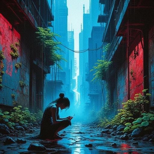 Mood: Cyber-gothic Chinese futurism. Scene: Neon-blue Ghostfire (Yínghuǒ Liú) wisps drift through a decaying Chongqing alley. Bioluminescent fungi (Mò Kū) pulse on walls, forming intricate poem-patterns. A woman (Mei) kneels, tattooing her forearm with Xuè Mò ink—needle dipped in glowing liquid. Behind her, a river flows upward, defying gravity (Shānchuān Nǎo effect). Skyscrapers half-swallowed by fractal foliage. Rain slicks cracked pavement. Style: Gritty ink-wash meets neon-noir; hyper-detail on fungal textures. Palette: deep blues, poison greens, blood crimson.