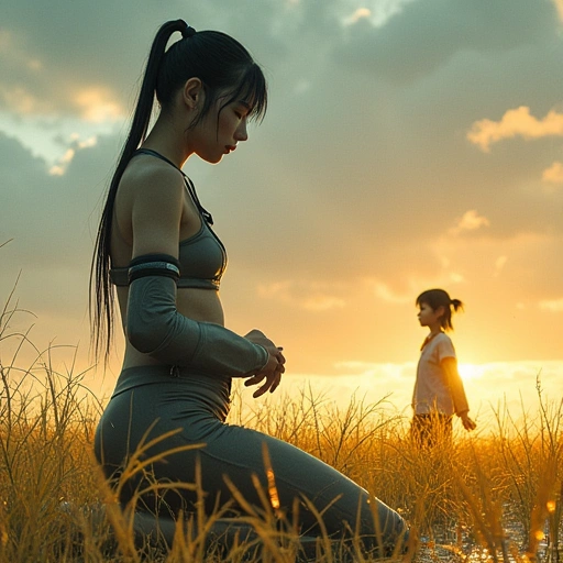 A one-armed Yun kneeling in clean rain, her jasmine-smog prosthesis teaching children to sculpt memories from clouds. In the distance, Mei's silhouette walks through a field of wheat, new words glowing gold on her skin as Jian's dawn-light kisses the horizon.