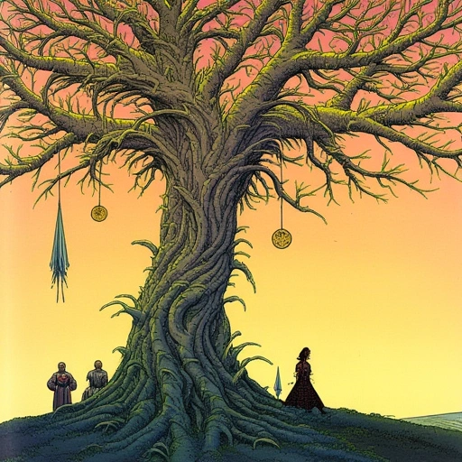 **Scene:** Dawn at the Shù xīn tree. Golden mist threads through coral-metal forests.  
**Tree:**  
- **Trunk:** Fractal patterns of bone and starlight.  
- **Branches:** Holding floating Jìngzhàng islands like suspended tapestries.  
- **Leaves:** Lèi-jīng crystals refracting rainbows onto reclaimed streets.  
**Fen’s Statue:**  
- Seated posture: Hands weaving light into a half-formed star.  
- Chen’s kite: Tethered to her wrist, paper glowing with bioluminescent paint.  
- Stone tears: Frozen trails on cheeks, moss gathering in their curves.  
**Life:**  
- Neural anarchists painting Xīnmò spirals on a newborn’s skin.  
- Ghost-Laborers grafting new branches onto a bone-loom shrine.  
- Children planting spider-lilies in cracks where Liànghuàn rifts sealed.  
**Palette:**  
- Sky: Lavender bleeding into gold.  
- Tree: Ivory, quantum-blue, and crystal clarity.  
- Ground: Emerald moss swallowing gray rubble.