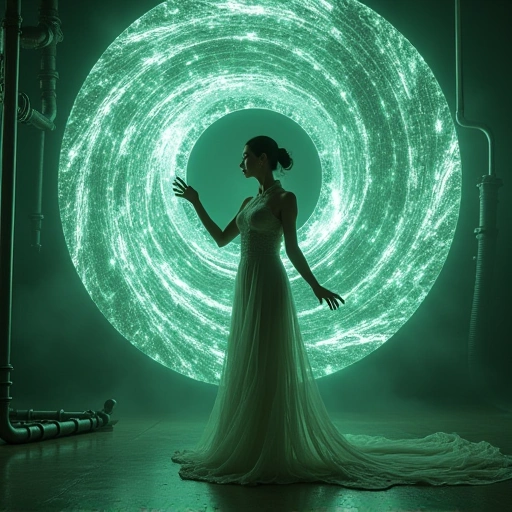 A woman in a qipao woven with fiber-optic threads stands before a swirling orb of liquid light in an underground lab. Fractal patterns tear through the air like shattered glass, revealing glimpses of dystopian cityscapes and ethereal gardens. Her outstretched hand phases between youth and decay. Jade light reflects on her face, half-terrified, half-awestruck. Steam pipes coil like dragons in the background.