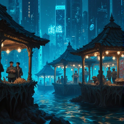 Floating market stalls made of shipwreck debris and Hùnhé mesh. Patrons in perceptual filters drift between neon-lit memory-lanterns. Below, drowned skyscrapers shimmer with Fènghuáng-suì graffiti reading "愧疚的重量" (The Weight of Guilt).