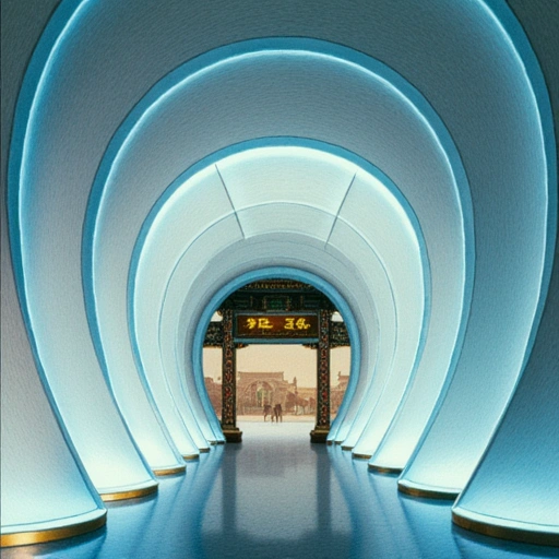: A hyperloop terminus entrance in Neo-Chongqing style (sleek white curves, glowing blue lines). Beneath its pristine surface, fractal nano-filaments are visibly dissolving the last remnants of an ornate traditional wooden archway. The wood turns to shimmering gold dust as it's consumed. The air above shimmers with heat-haze-like data ghosts of merchants arguing. Stark, cold lighting vs. warm, dying embers of the past.