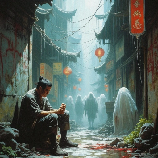 Congealed Reality: Chen braces against a graffiti-scarred wall, vomit mixing with rain. His neural lace pulses erratic crimson. Ghostly vendors flicker, solidifying momentarily—one hands him a spectral chestnut. The stabilized Jingtǐ at his feet glows warm, but oily Shīlián tendrils creep up his calves like parasitic vines.