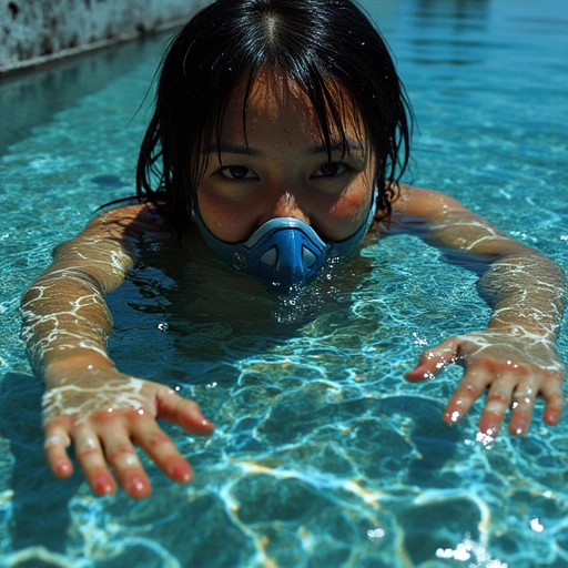 A close-up of Dr. Jiao Lin's hands submerged in iridescent water near a concrete riverbank. Refracted light projects fragmented holograms above the surface: a dying coral reef overlapped with blueprints of neural implants. Her face, half-veiled by a respirator, shows dawning horror. The water itself seems to coil like liquid mercury mixed with blood.