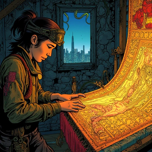 **Scene:** Xiao Fen weaving a Jìngzhàng tapestry in her basement sanctuary.  
**Context:** Shanghai’s drowned skyline visible through a cracked window. Wùjìng’s bioluminescent tendrils snake across ceilings. Liànghuàn rifts pulse outside like fractured stained glass.  
**Characters:**  
- **Xiao Fen**: Early 20s, wearing a patched qipaja. Her hands glow faintly as threads absorb tears/Yīnyuánshǐ energy. Eyes tired but fierce.  
- **Old Wei**: Grizzled, 60s, holding a magnifier over quantum-thread patterns. Wears goggles repurposed from Wùjìng tech.  
**Details:**  
- Tapestry depicts a boy (Chen) vanishing into light.  
- Tools: Bone needles, vats of Xīnmò dye (swirling with emotions), Yīnyuánshǐ crystals embedded in the loom.  
- Atmosphere: Urgent serenity. Golden tapestry light vs. cold blue city glow.
