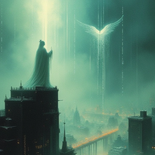 Yun stands atop Nanjing’s tallest Grief-Shrine, her smog-starlight hand raised toward a Prism-Water storm. Below, Weepers chain their tears into glowing bridges. Far above, a single Nerve-Net cocoon cracks open—revealing a figure with wings of shattered code.