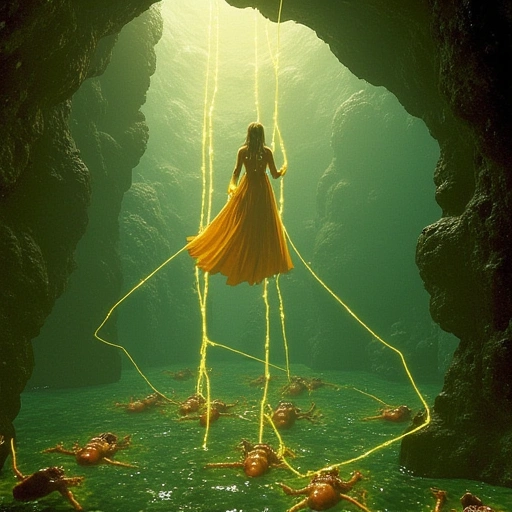 Yun suspended in a cavern of liquid light. Cocooned humans drift like embryos, connected by glowing cords to a colossal, half-formed entity of prismatic shadow. Weepers orbit the entity, their tear-streams forming crystalline data-veins. Yun’s translucent hand radiates amber defiance.