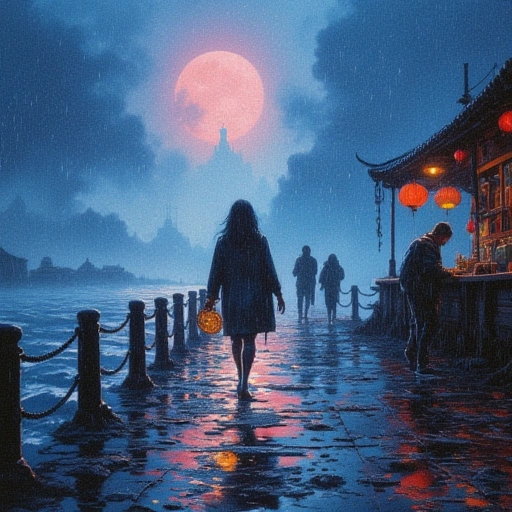 A rain-drenched pier at twilight. A visitor's back turned, stepping into a shimmering Guǐ Mén rift. One hand holds a glowing scallion pancake; the other drips cobalt ink. Behind them, Hua's silhouette waves from the Ghost Market's neon haze, her press exhaling poem-fireflies into the Anchored Storm.