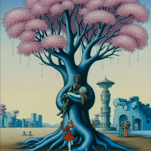 **Scene:** Fen’s Shù xīn tree at dawn. Roots cradle ruins of Huaying Tower.  
**Details:**  
- **Tree:** Fusion of ivory bone, quantum threads, and Lèi-jīng crystal leaves raining healing tears.  
- **Fen’s Statue:** Seated at base, hands eternally weaving starlight. Chen’s kite tied to her wrist.  
- **Surroundings:** Coral-metal forests, floating Jìngzhàng islands, rebirthed skyscrapers draped in Wùjìng vines.  
- **Life:** Neural anarchists harvesting Xīnmò fruit. Purist children playing in memory-orchards. Ghost-Laborers polishing bone-loom shrines.  
- **Palette:** Sunrise golds, bioluminescent blues, deep indigo of Fen’s stone qipaja. Cherry blossoms drifting from branches.