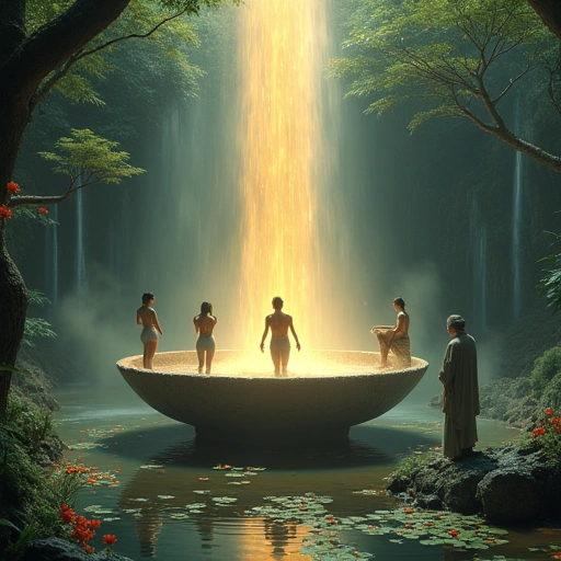 A floating fountain of liquid light flowing upward into a basin. Refugees bathe in it, their dark sorrows crystallizing into glowing coals at the bottom. A woman with bare arms watches ink dissolve from her skin. An old man places a jade disc beneath the basin. A stone-tree man stands sentinel, vines blooming water-lilies.
