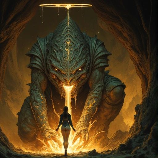 Scene: Mei stands over defeated Loyalty Enforcer in Mò Kū tunnel. Bamboo-steel roots pierce its chest, leaking terra-cotta dust and ghostfire. Bioluminescent fungi recoil from the wreckage. Mei's Xuè Mò tattoo projects lullaby characters in blood-ink light. Ghostfire halo around her forms child's silhouette. Style: Biomechanical horror meets ink-wash tragedy. Palette: Sickly cyber-yellows, arterial reds, necrotic greens.