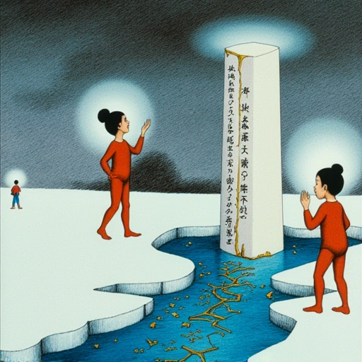 Children standing on cracked poetry-ice, singing as their blood-ink steams against the Lǐ-Méi-Xǐng Stele. Above, Xiao Xing’s mist tangles with knife-shaped shadows, while Mei’s Guqin strings weave golden sutures through the river’s wound. Ru’s cherry blossoms rain crystallized names onto the ice. Style: Urgent brushstrokes; crimson and gold battling encroaching charcoal voids.