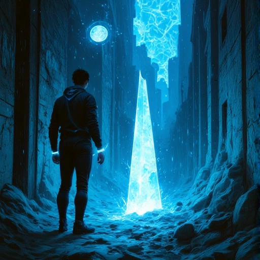 Hyperstitial Alley: A narrow, rain-slicked alley in a neo-futuristic Chinese megacity. Walls are covered in flickering holographic graffiti that bleeds into physical decay. A man in simple, durable tech-wear (Chen) stands frozen, eyes wide with awe/fear. A jagged, glowing crystal (Jingtǐ), about a foot tall, protrudes violently from the cracked concrete at his feet, emitting prismatic light that distorts the air around it. The alley walls seem to melt and reform into impossible geometries – glimpses of a vibrant market, then war-torn ruins, then pure digital static – layered over each other. A faint, ghostly holographic map (Linggan Tu) projects from the man's wrist, its clean lines contrasting the chaos.