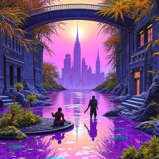 The inkwell nexus: a pool of iridescent dream-ink reflecting Shanghai's reborn skyline. Old Li's root-brush dissolves into light as he steps into the pool. Mei kneels at the edge, her gauntlet drawing stabilizing sigils while Ru tends to a Chànghuā blossom. Above, the Hùnliú staircase solidifies into a bridge of amethyst glass. Style: Ethereal ink-punk; liquid gold and quantum violet with calligraphic light trails.