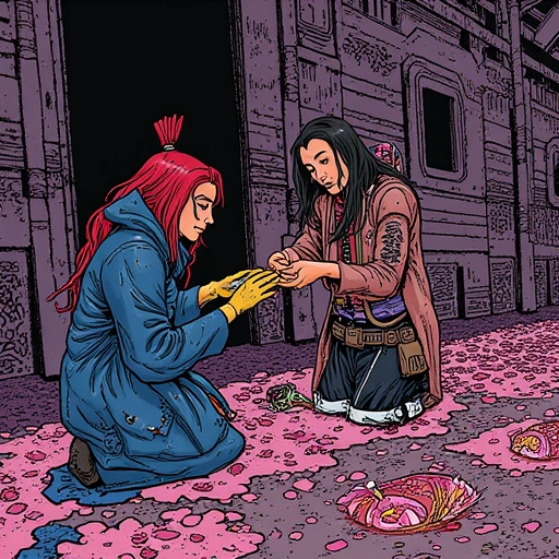Dawn Transfiguration :: Ink-Blood Communion  
**Scene**: Mei and Xiao Rong kneel in the bone mill’s transformed core. Cherry blossom petals drift from machinery-canopies where bone grinders once roared. Bioluminescent moss carpets the ground, swallowing Ministry insignias etched in ferrocrete. Daughter’s ghostfire—now a solid nebula-child—weaves luminescent ribbons through rain ascending to Shānchuān Nǎo’s river-serpents.  

**MEI**  
- **Attire**: Qipayo now symbiotic—glowing mycelium threads stitch fractal patterns across torn synth-leather.  
- **Action**: Guiding Xiao’s hand, pressing a bone needle into her forearm. Blood wells, mingling with bioluminescent ink.  
- **Tattoo**: Pulse of **"山河不死"** (Shān hé bù sǐ) etched in jade-and-crimson light.  

**XIAO RONG**  
- **Transformation**: Carbon-fiber robes bloom chrysanthemums from seams. Exposed cybernetics glow with root-like capillaries.  
- **Expression**: Tear-streaked awe. AR-lens scars weep liquid light where she once saw control grids.  

**ENVIRONMENT**  
- **Ground**: Peat moss embedded with Wúgǔ Fěn crystals—whispering bone-dust now sprouting forget-me-nots.  
- **Atmosphere**: Dawn rays pierce crystalline leaves, fracturing into prismatic halos around ascending rain.  
- **Legacy**: Broken loyalty drones cradle bird nests. Conveyor belts drip honey from bioluminescent hives.  

**LIGHTING & STYLE**  
- **Palette**: Petal pink, deep soil umber, ghostfire cerulean, mycelial gold.  
- **Technique**: Ink-wash serenity meets cybernetic stained glass—hyper-detailed on ink-blood fusion and Xiao’s flowering sinews.  

**Composition**: Low angle. Cherry blossom storm frames kneeling figures. Daughter’s ghostfire casts protective mandala of light. Upward rain threads the scene like inverted harp strings.