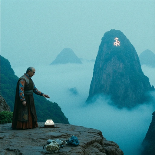 A mist-shrouded Huangshan peak. Lao Chen, an old man in patched robes, places a resonating piezoelectric stone onto a makeshift altar made of salvaged servers. Below him, the mountain flickers—half granite, half shimmering data-fractals. A single line of glowing calligraphy floats in the air: "环命".