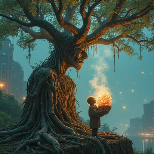 Petrified tree-man draped in bone-weave tapestries that pulse with soundwaves. Sorrow-coals and tear-crystals float in an upward fountain, projecting shared holograms: floating nurseries, glowing orchards, fireworks. A child drinks from a chalice of hovering crystals, spores flowering in its eyes. Sideways tree roots glow beneath the city.