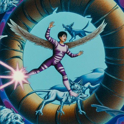 Jian mid-flight through a Nerve-Net corridor, his fractured wings trailing comet-like data-shards. Behind him, breached cocoons spill prismatic consciousness into cyberspace. Pursuing Heartgazers manifest as chrome wolves with contract-law fangs.