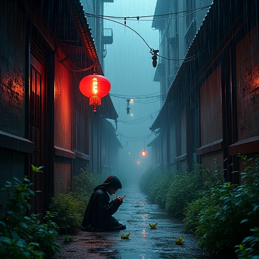 A rain-slicked Shanghai alley at midnight. Walls bleed iridescent black ink (Yǐnmò) that forms shifting calligraphy. A translucent young person (Kai) kneels, sewing a cloak with an ice-needle. Above, a drone's red searchlight pierces smog, illuminating paper cranes made of shadow. Bioluminescent moss glows in puddles.