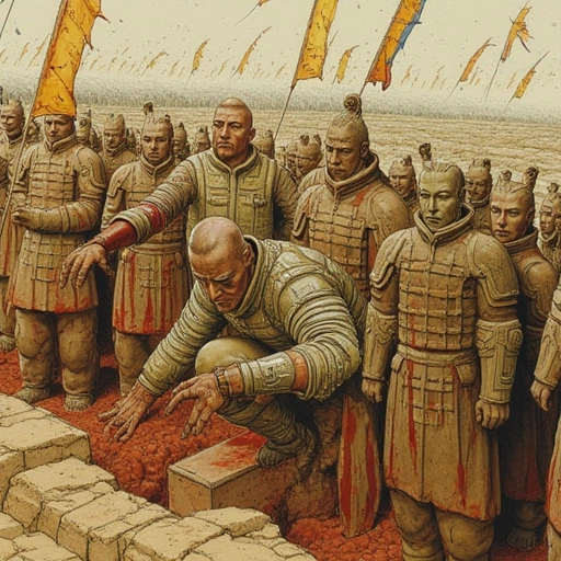 Terracotta warriors mid-melt: half clay, half bleeding digital conscripts in future armor. Hua crouches, jade scroll in hand, as silk poem-flags flutter. Above, Mei in a crystalline exosuit directs archivists deploying glowing nets. A vortex of bamboo slips and blood opens where Old Li vanished.