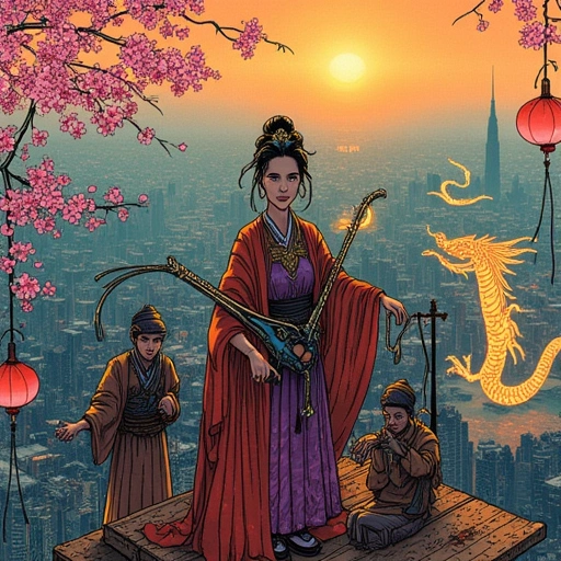 Shanghai floating slums at dawn. Cherry blossoms drift through lingering static. Mei stands on her ink-raft, left eye a kaleidoscope of timelines. Ren holds Granny Wen’s zither—strings glowing with captured memories. Below, laborers touch new sigils; their skin pulses with petrified sorrow. On the horizon, a neon dragon reforms—but its scales now show paper-lantern patterns. Faintly, Petrova’s face flickers in the mist.