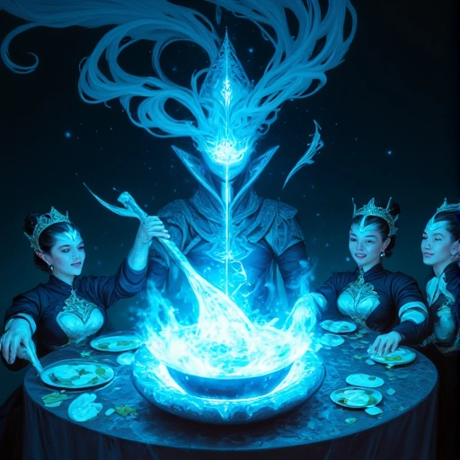 Ghost Market banquet. Hua flips scallion pancakes on a wok radiating cobalt light. Xian's translucent hand passes through a real pancake, scattering static. Mei smiles, holding a jade-rabbit pin. Madam Ruòyǐng solidifies mid-bite. Above them, a stabilized Yùn Shuā swirls like calligraphic smoke.