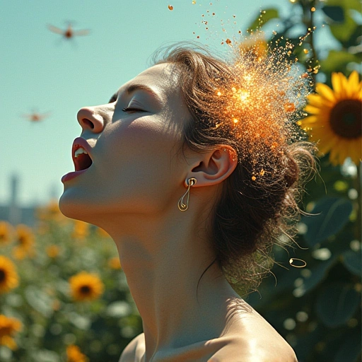 A woman’s mouth open in song, reverse-syllables crystallizing in the air as shattered glass. Behind her, a null-symbol (⏀) burns inside a collapsing sphere of light. Gardens surge from city ruins—jade vines throttling drones, sunflowers swallowing holograms. A stone statue of a cellist cracks into a smile.